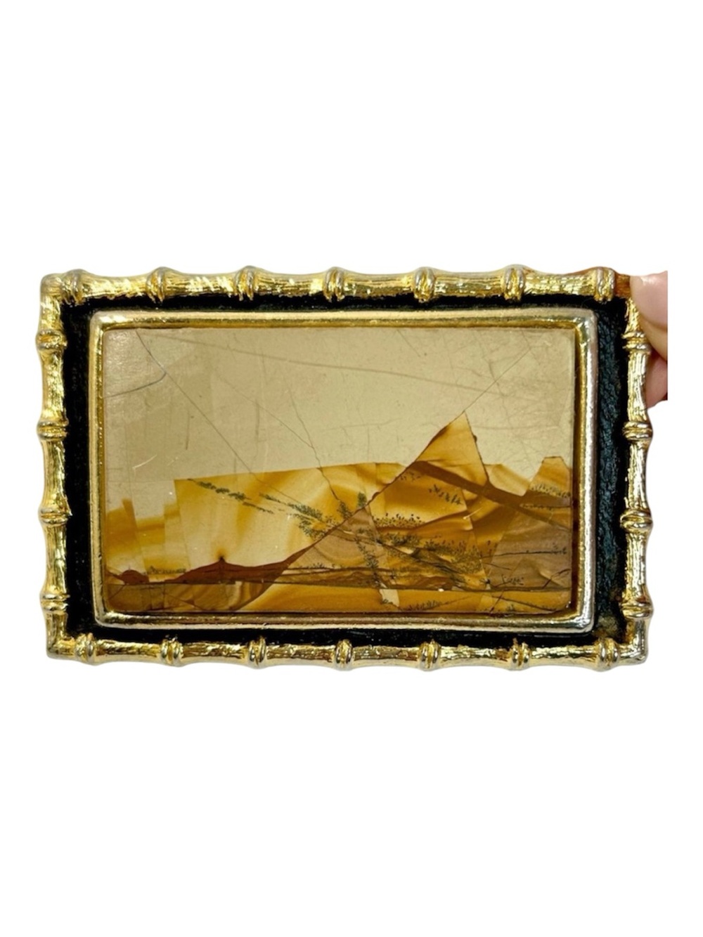 1970s Kenneth Reid Mixed Wood Inlay and Howlite Solid Brass Handmade Belt Buckle